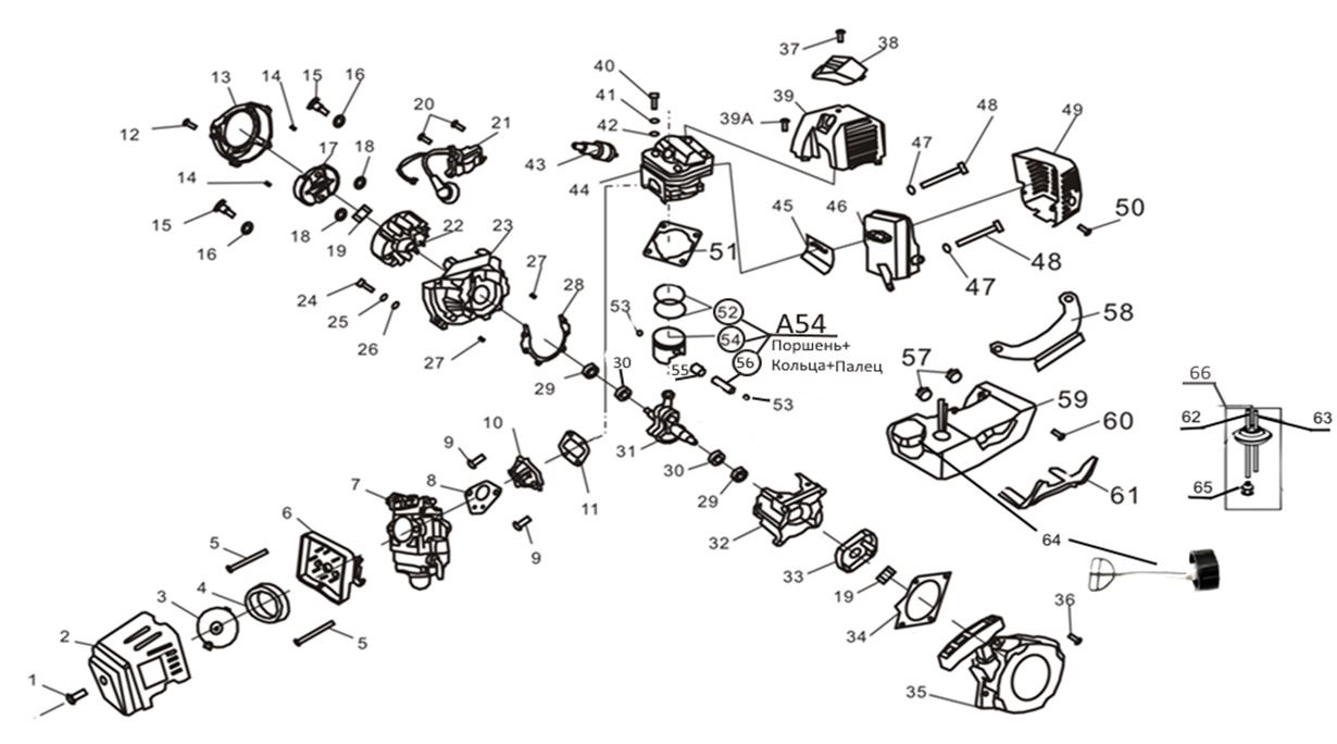 ЗАПЧАСТИ ДЛЯ ТРИММЕРА БЕНЗИНОВОГО ELITECH Т 52Р (2017 ГОД) (ДВИГАТЕЛЬ)
